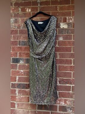 Eliza J Black Iridescent Sequin Cowl Midi Dress